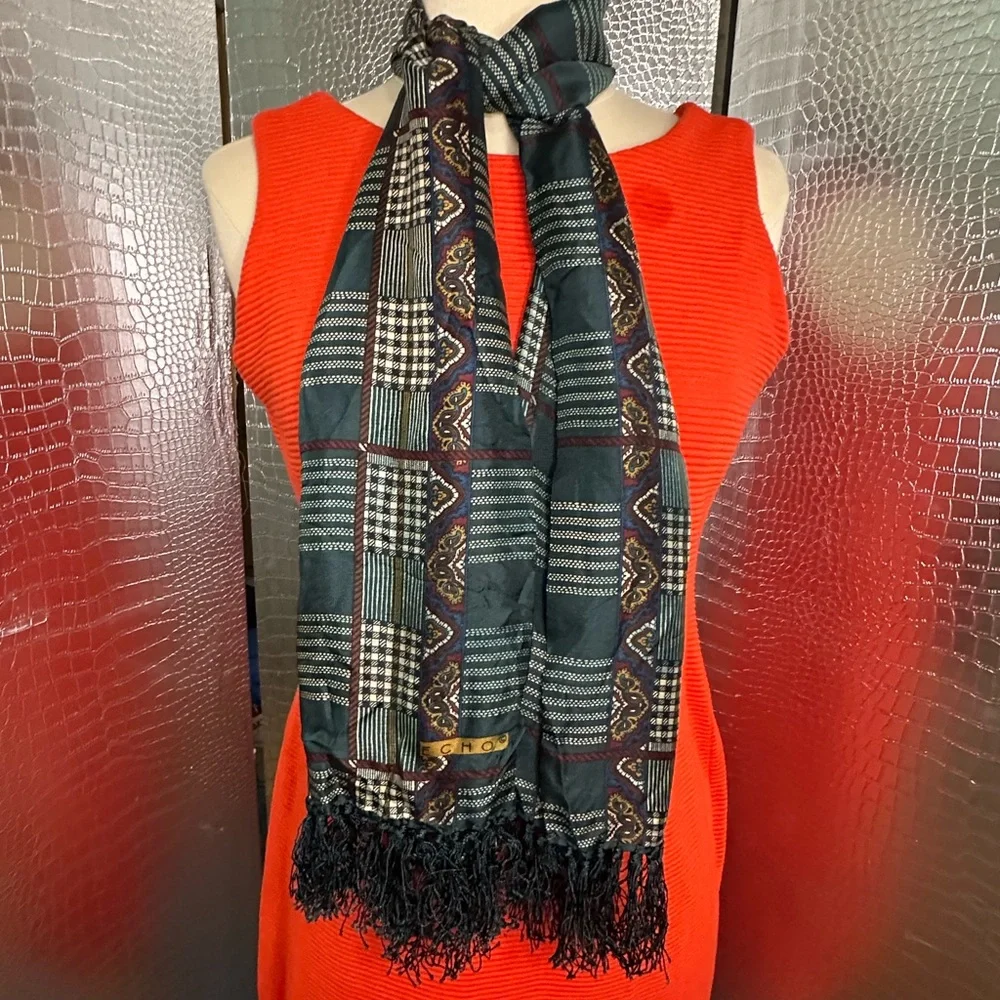 Echo Black and Green Patterned Fringed Scarf